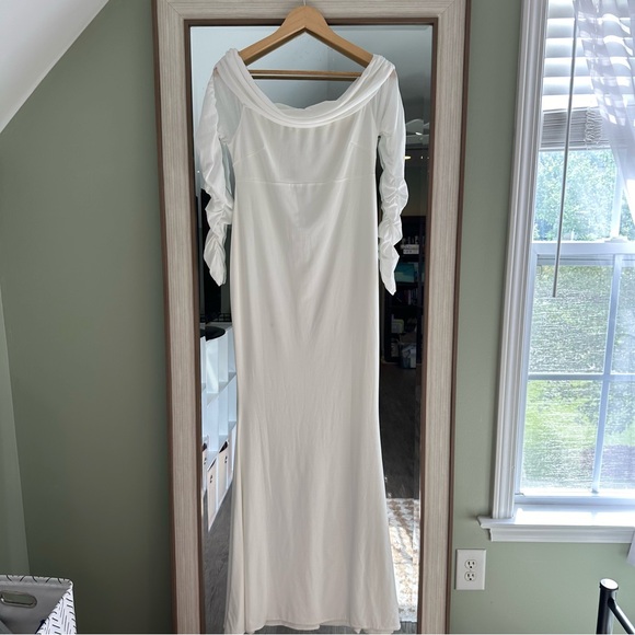NWT CLUB L London Pretty Perfect White Maternity Ruched Mesh Bardot Maxi Dress - Picture 3 of 12